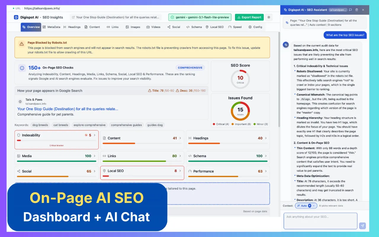 On-Page AI SEO — 1-Click Dashboard with AI Chat