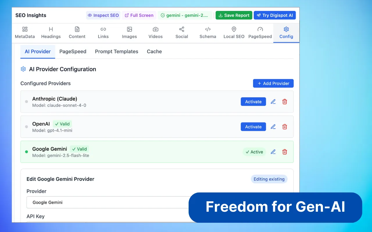 AI Provider Configuration — OpenAI, Claude, Gemini, DeepSeek multi-model setup
